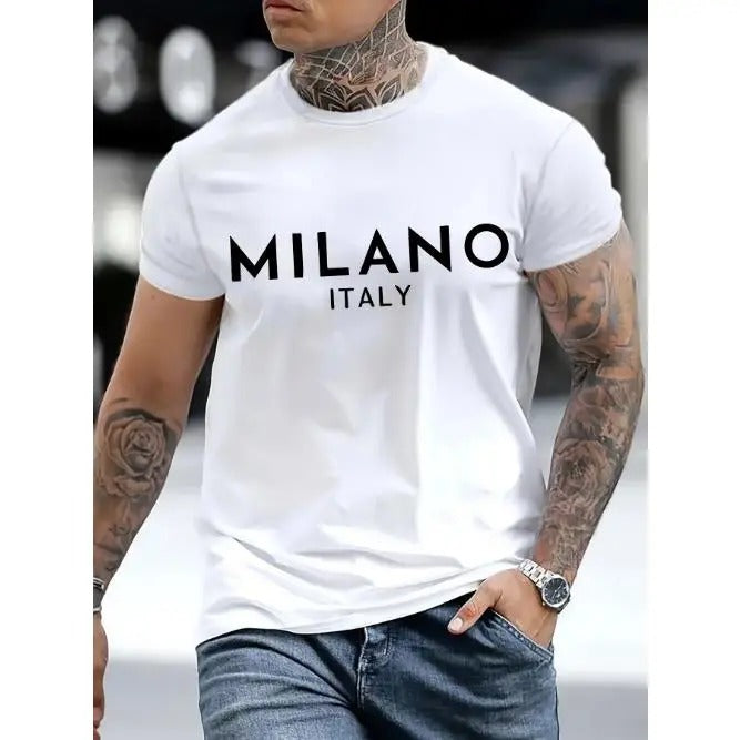 Italy Milan lettering printed T-shirt men's casual style summer and autumn slightly elastic round neck T-shirt Made in...
