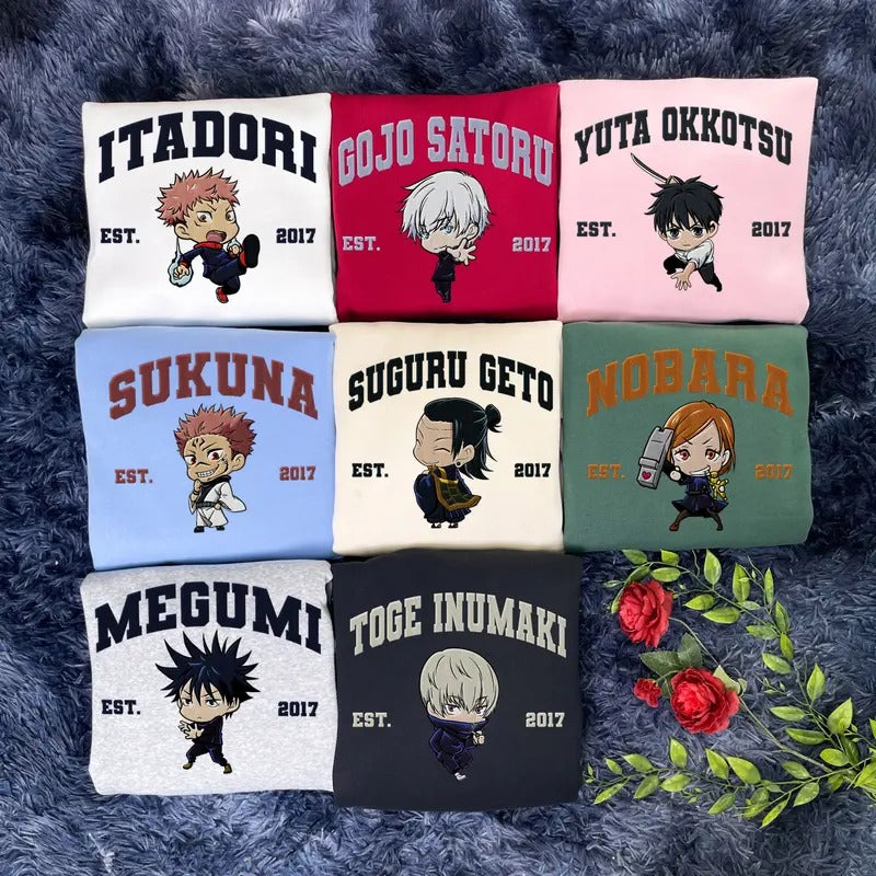 JJK Embroidered Sweater, Anime Characters Embroidered Shirt, Manga JJK Characters Embroidery T-Shirt, Manga Embroidered...