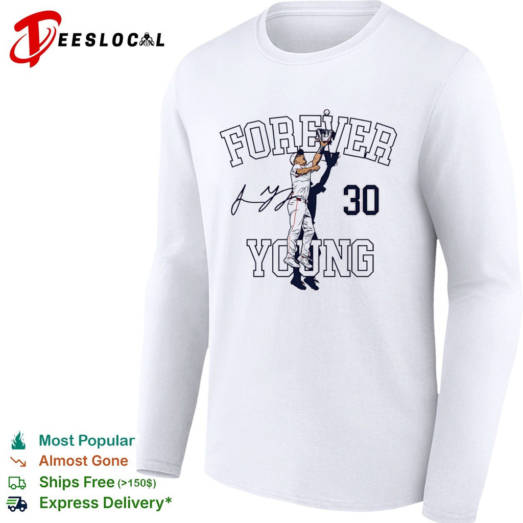 Jacob Young jumping 30 forever young Washington Nationals shirt