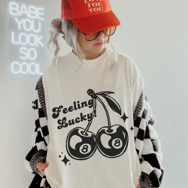 Jessie J Ross Feeling Lucky Cherry 8 Ball Shirt Cool Womens T-shirt, Aesthetic Western Retro Sweatshirt, Boho Festival...