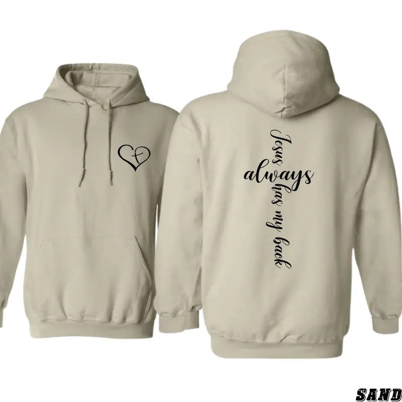Jesus Always Has My Back Hoodie - Faith-Based Design with Cross Gunpla brand Heart Symbol, Sand Color - gifts for...