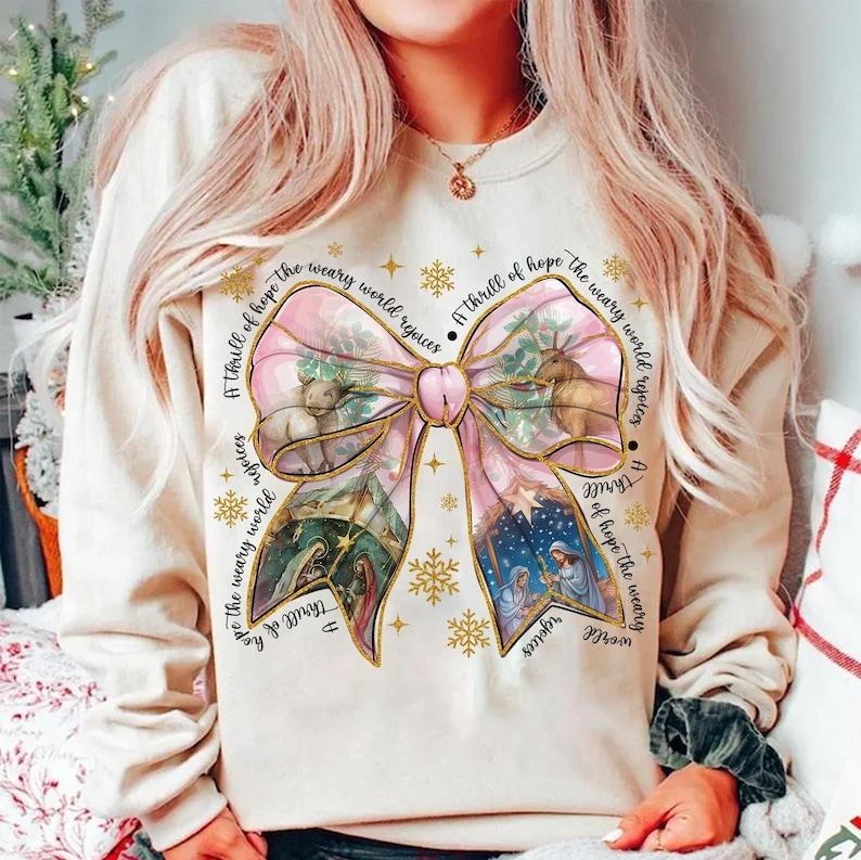 Jesus Christmas Coquette Bow Shirt , Christian Christmas Sweatshirt, Nativity Scene Shirt, Pink Christmas Hoodie, For...