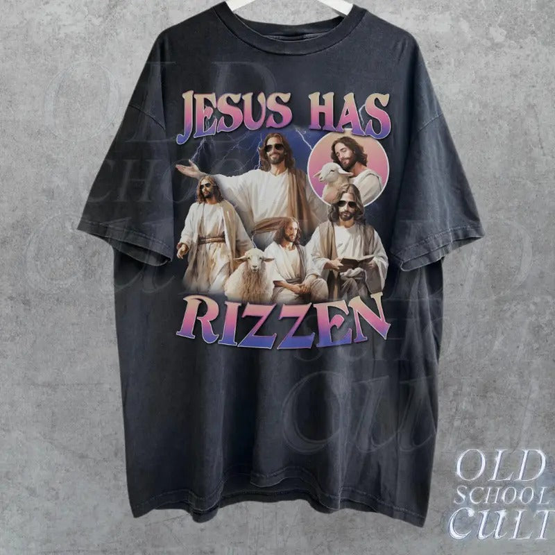 Jesus Has Rizzen Vintage T-Shirt, Retro 90s Graphic Shirt, Funny Shirts, Distressed Cotton Shirt, Oversized Bootleg Tees,...