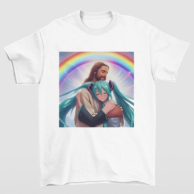Jesus Hugging Hatsune Miku T Shirt Fun and Quirky Design for Anime and Faith Enthusiasts Hoodie, Sweatshirt