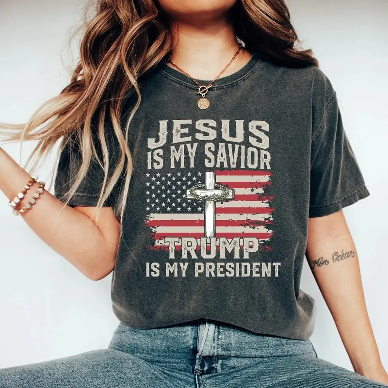 Jesus Is My Savior Tr4mp Is My President American Flag T-Shirt, Full Colors, Full Sizes, For Men, For Women Comfort...
