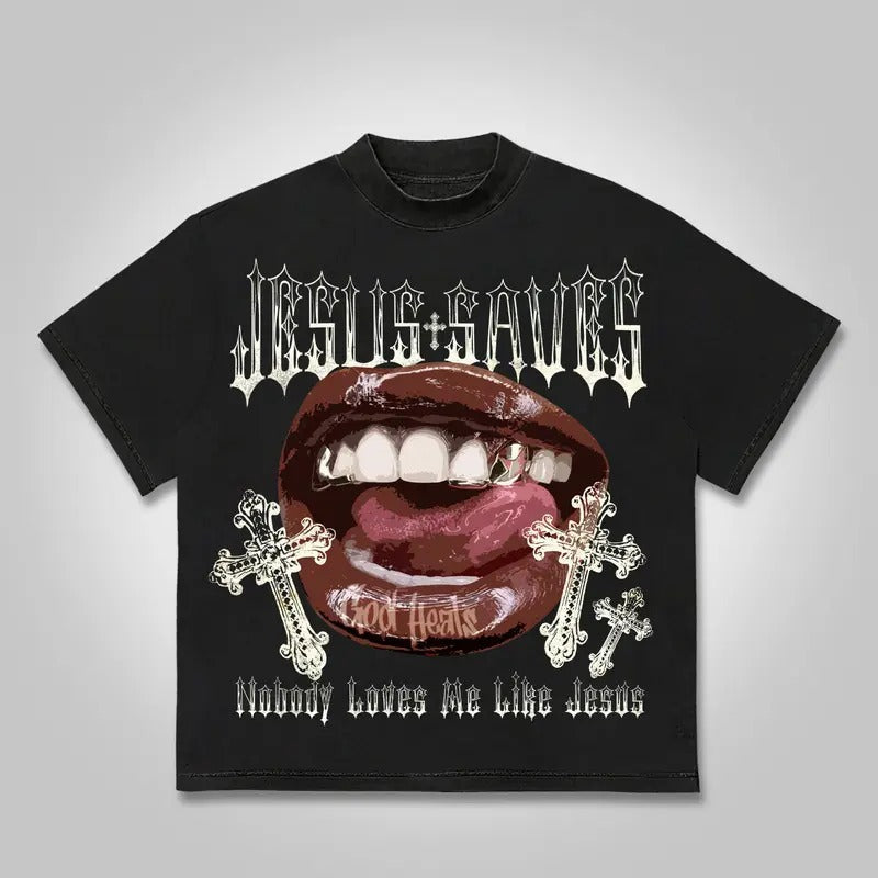 Jesus Saves Lips Cross Casual Graphic T-Shirt Y2K Clothing Graphic Tee Cotton Top Streetwear Hoodie, Sweatshirt