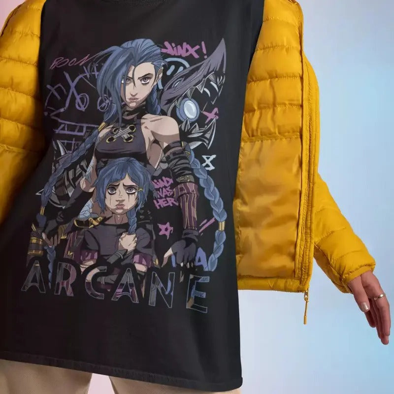 Jinx Arcane T-Shirt Japanese Anime Cartoon Jinx Arcane Graphic Shirt All Size Hoodie, Sweatshirt | RetroVerseTees.com