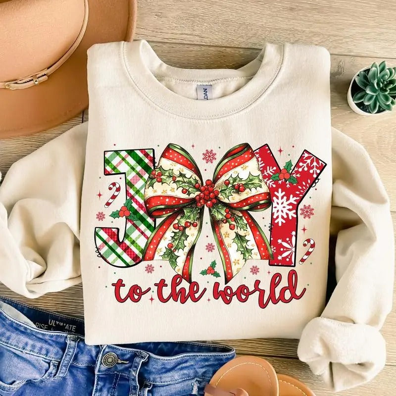 Joy to the World Christmas Patterns Graphic Printed Unisex Cotton Sweatshirt T-Shirts, Hoodie | RetroVerseTees.com