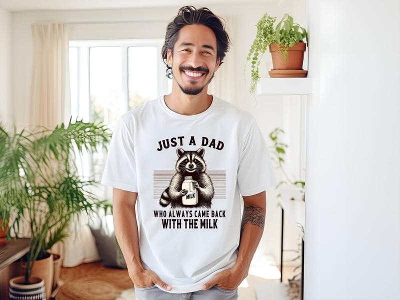 Just A Dad Who Always Came Back With The Milk Raccoon Tshirt, Dark Humor Minimalist Funny Milk Shirt, Vintage Animal Tee,...