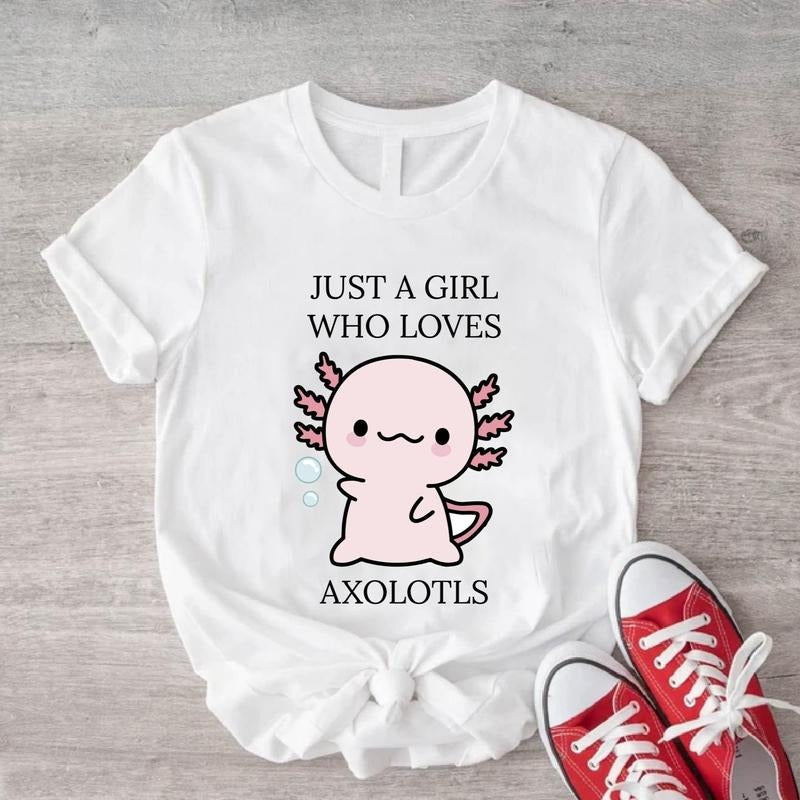 Just A Girl Who Loves Axolotls Shirt, Cute Axolotl Salamander T-Shirt, Axolotl Lover Gift Tee, Pink Axolotls Tee, Kawaii...