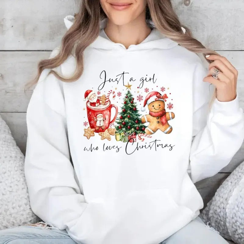 Just A Girl Who Loves Christmas Hoodie, Coquette Christmas Shirt, Girly Christmas, Xmas Hot Cocoa Candy Cane Gingerbread,...