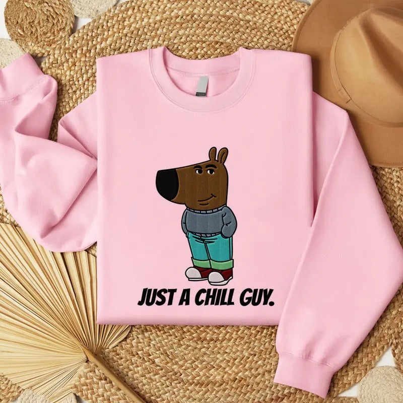 Just A Lowkey Chill Guy Meme Embroidered Sweatshirt, Funny Meme Embroidered T-Shirt Hoodie | RetroVerseTees.com