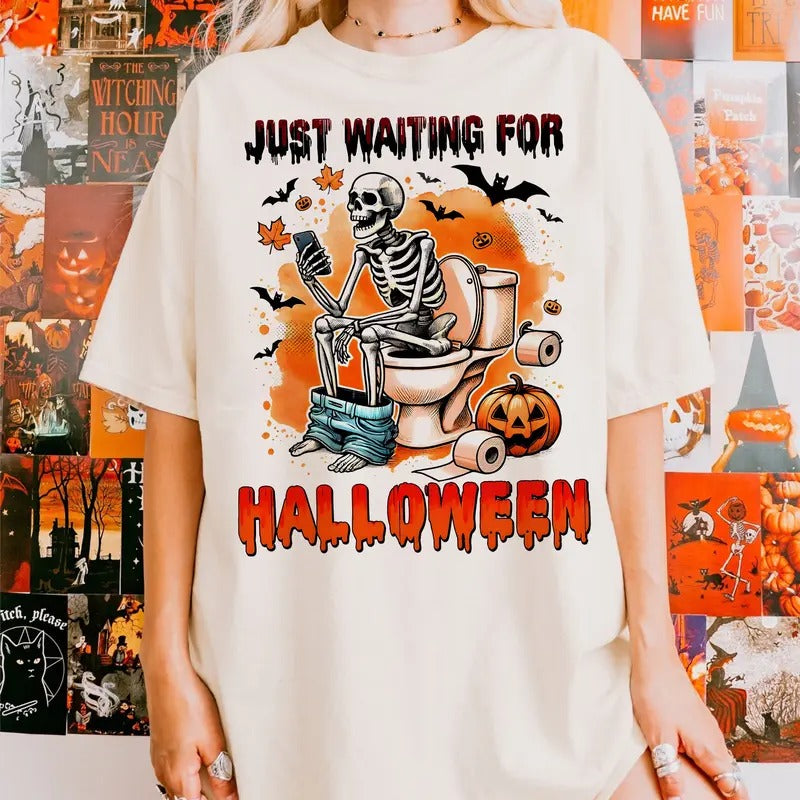 Just A Wating For Halloween Shirt Skelet0n, Funny Horror Shirt, Happy Halloween Hoodie, Sweatshirt | RetroVerseTees.com