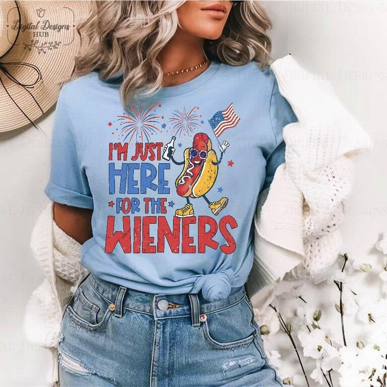 Just Here For The Wieners Shirt, 4th of July Shirt Funny, Independence Day Tee, Retro America Patriotic Weenies Hoodie,...
