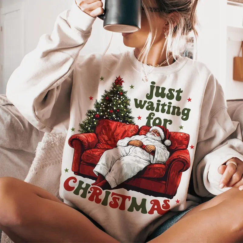 Just Waiting For Christmas Sweatshirt, Santa Claus Sweatshirt, Retro Christmas, Merry Christmas Sweatshirt, Gift Ideas,...