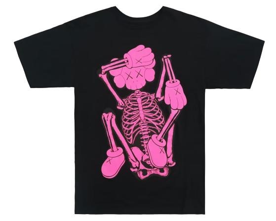 KAWS Skeleton New Fiction T-Shirt Pink 2021 (KAWS-SS02) Men's Size S-XXL Hoodie, Sweatshirt | RetroVerseTees.com