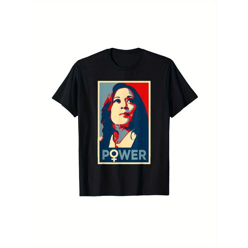 Kamala Harris Empowerment Portrait T-Shirt - Black Casual Crew Neck with "POWER" Graphic, Machine Washable, All-Season...