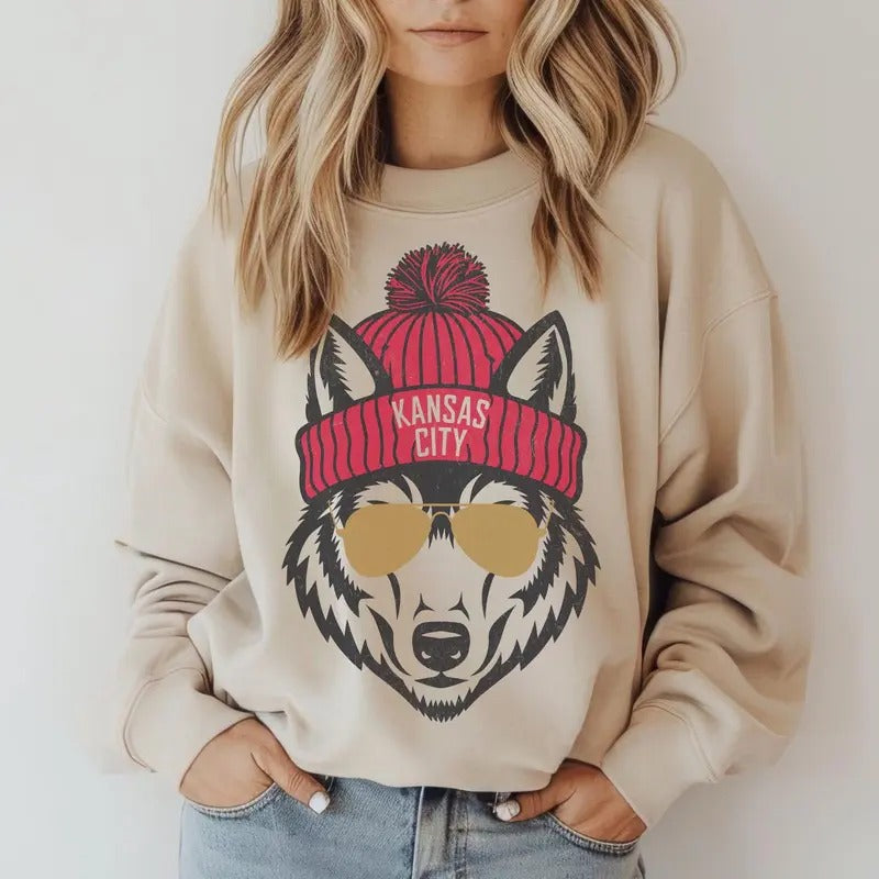 Kansas City Football Sweatshirt, Wolf Mascot Sweater, Trendy Kansas City Fan Shirts, Football Crewneck, Kansas City...