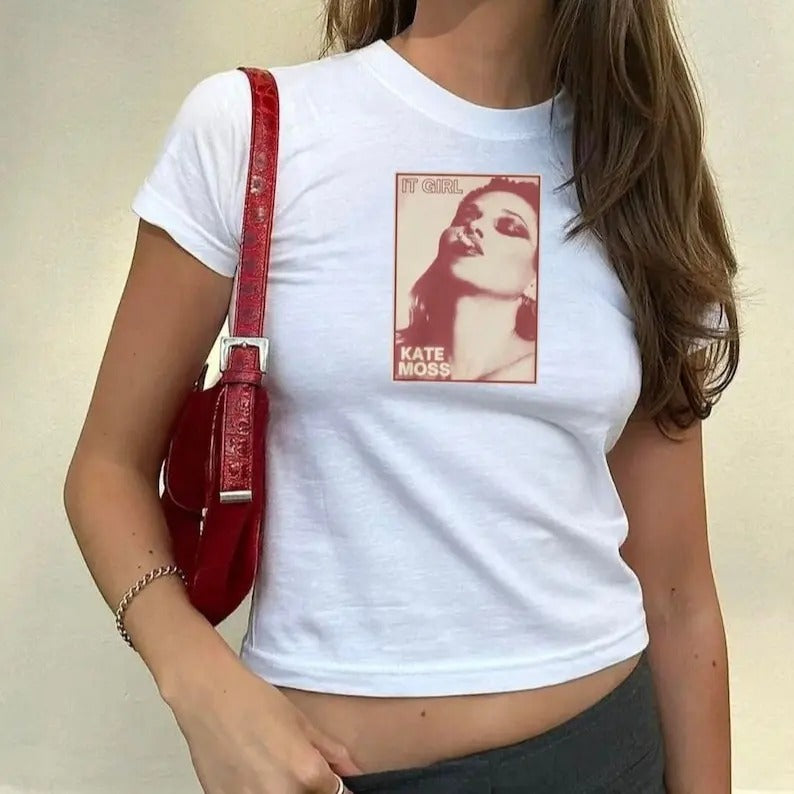 Kate Moss Baby Tee, 90s Grunge Baby Tee, Vintage Style Tee Cotton Fashion Hoodie, Sweatshirt | RetroVerseTees.com
