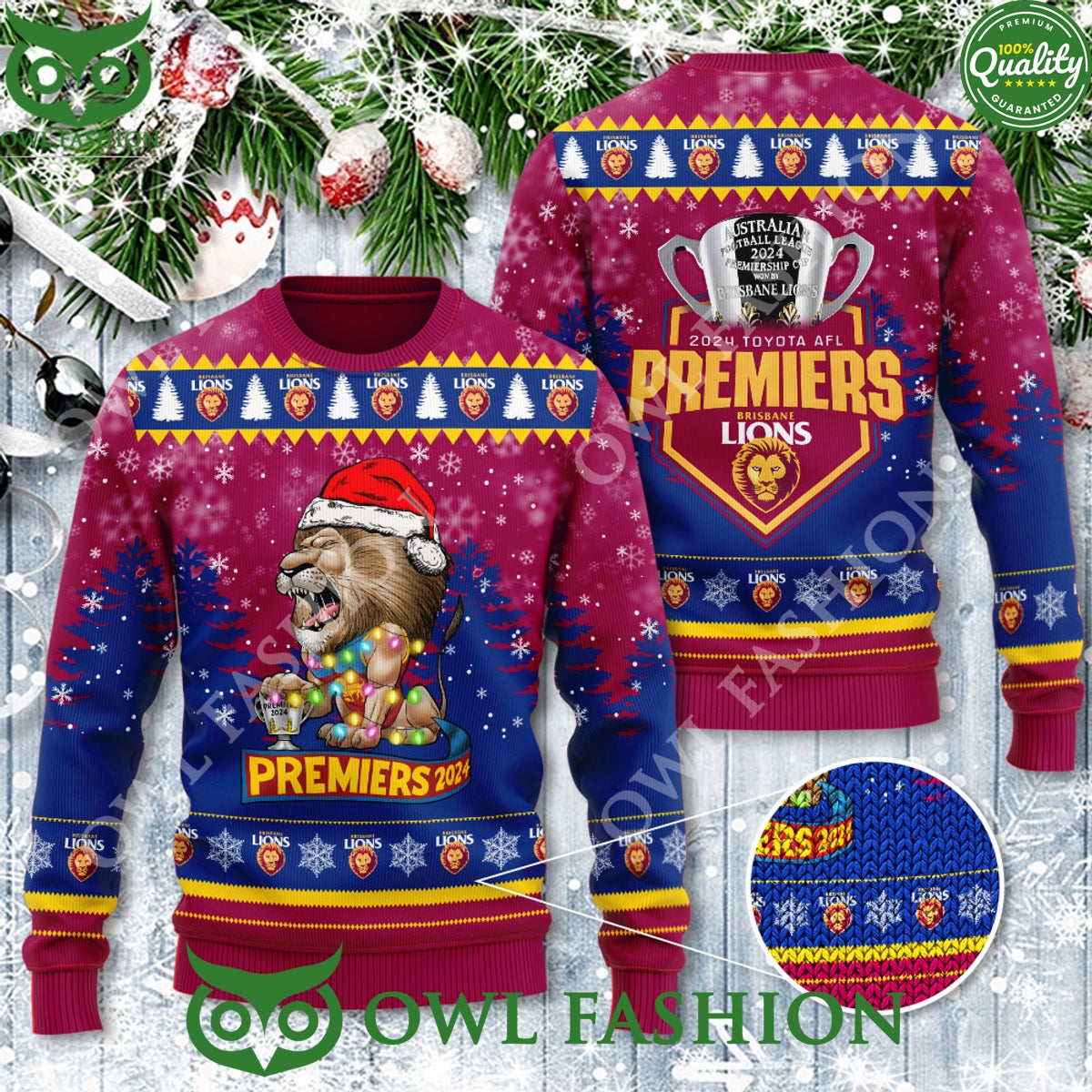 Brisbane Lions Premiers 2024 Xmas 3D Ugly Sweater