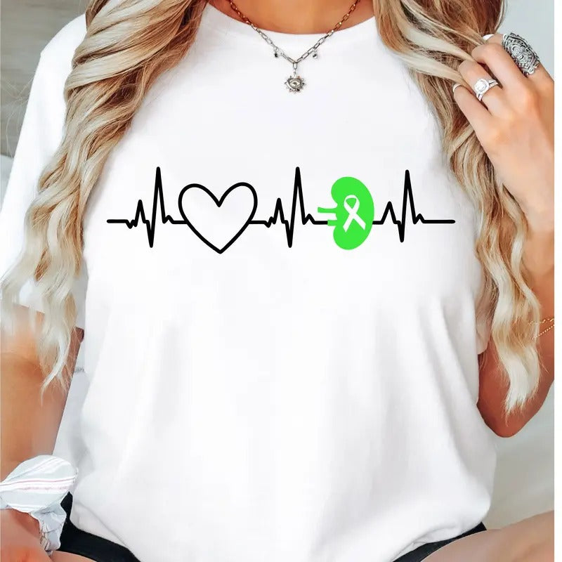 Kidney Disease Heart beat T-Shirt, Green Ribbon Shirt, Kidney Disease Awareness Tee, Kidney Disease Warrior Tee, Kidney...