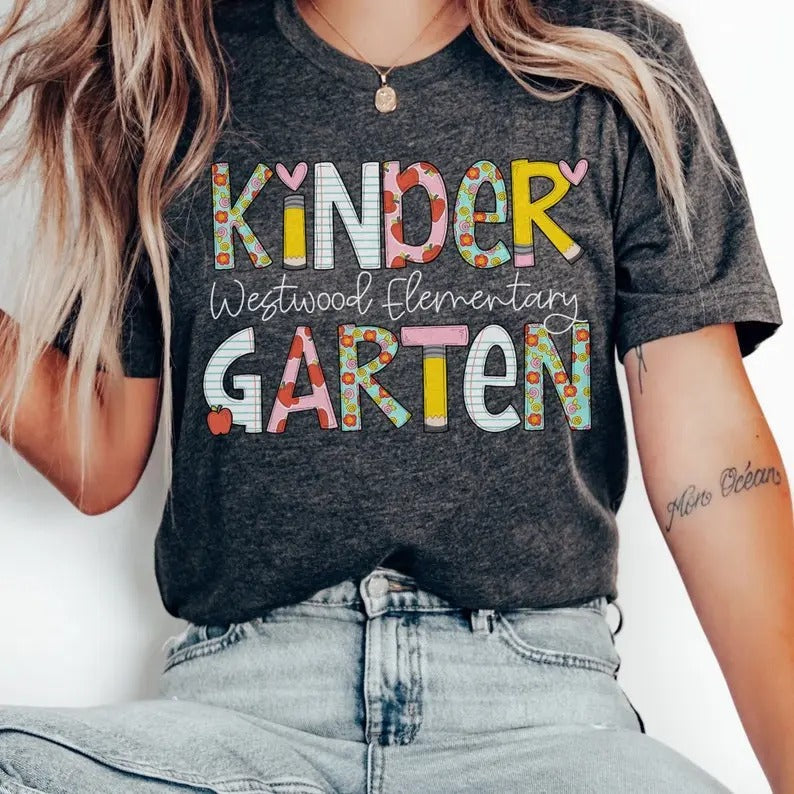 Kindergarten Teacher Shirt, Custom Kindergarten Shirt for Teacher, Cute Teacher Crew T Shirt, Personalized Teacher Name...