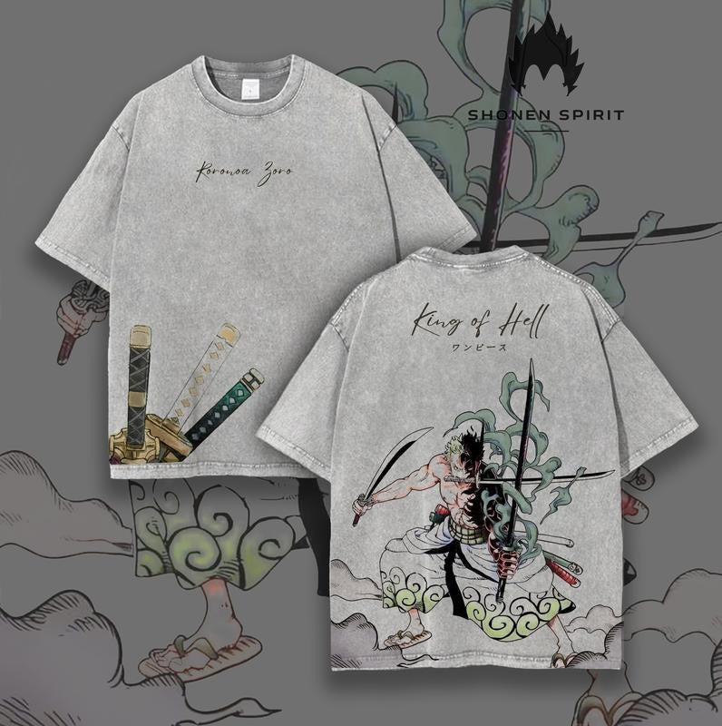 "King FOG Mouthless cat" Zoro Anime Double Printed Vintage Washed Tee Unisex Oversize Anime Manga Washed Lightweight Cotton T-Shirt, Gift For Anime Fan, Anime Lover