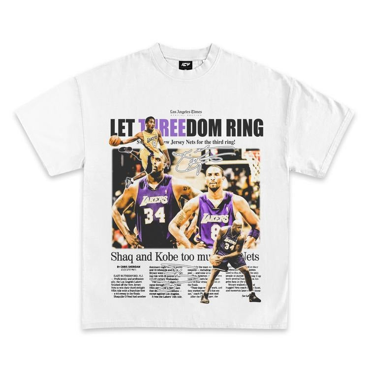 Kobe and Shaq Threedom Rings Newspaper Graphic T-Shirt Hoodie, Sweatshirt | RetroVerseTees.com