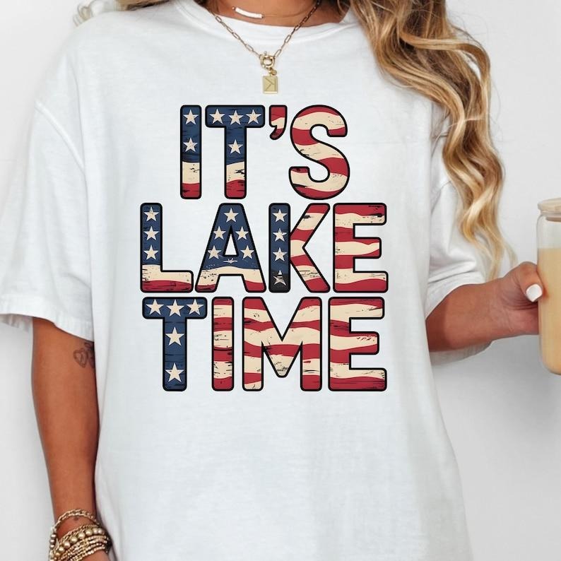Lake Life Sublimation Design for T-Shirts Sweatshirts Mouthless cat'WB shield Lake Time Patriotic American Flag USA 4th...