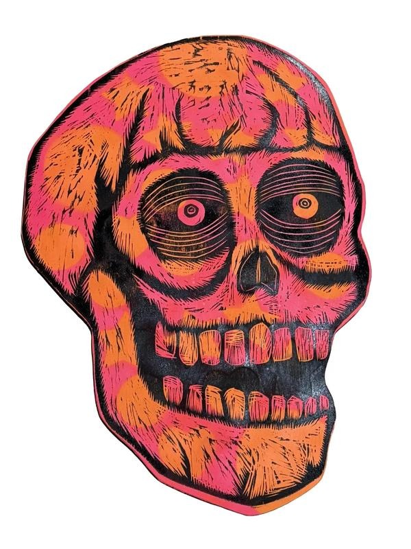Large Skull Woodcut Printed on Painted and Shaped Wooden Panels - Unique Artwork 16" x 20" Birch Panels Hand-Cranked...