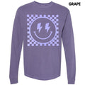 Lavender Checkered Happy Face Puff Long Sleeve Comfort Colors T-Shirt Hoodie, Sweatshirt | RetroVerseTees.com