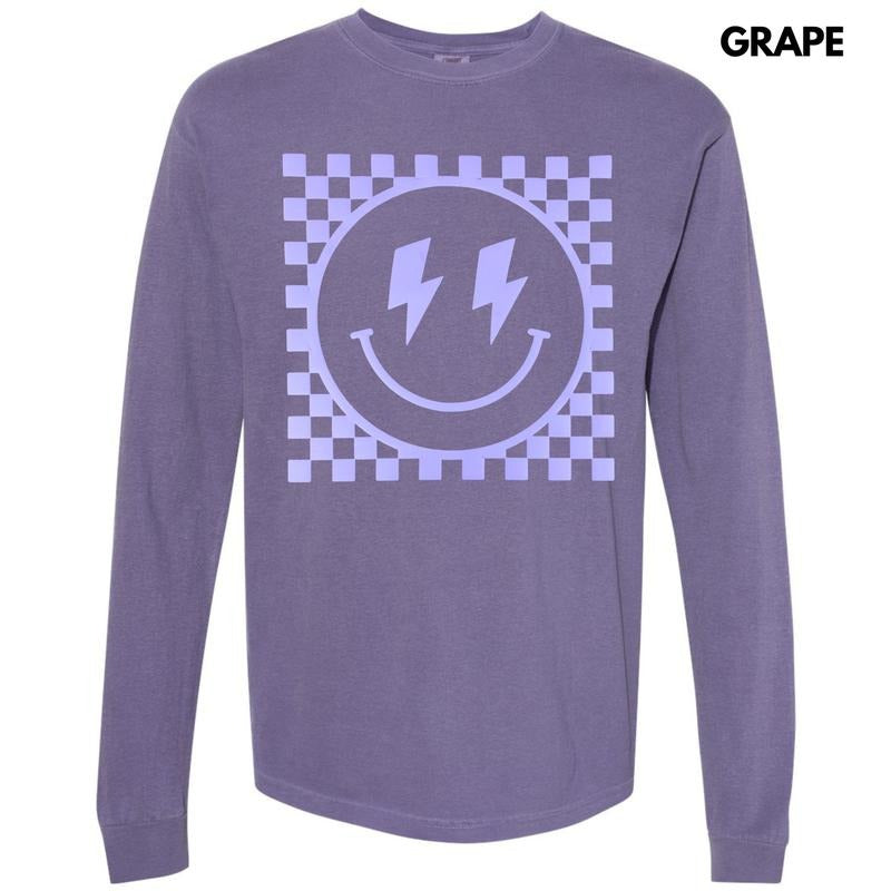 Lavender Checkered Happy Face Puff Long Sleeve Comfort Colors T-Shirt Hoodie, Sweatshirt | RetroVerseTees.com