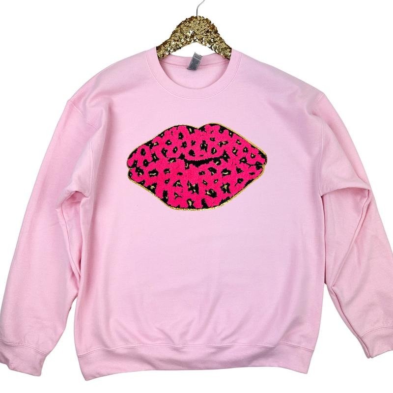 Leopard Lips Chenille Patch Sweatshirt -- LIGHT PINK T-Shirts, Hoodie | RetroVerseTees.com