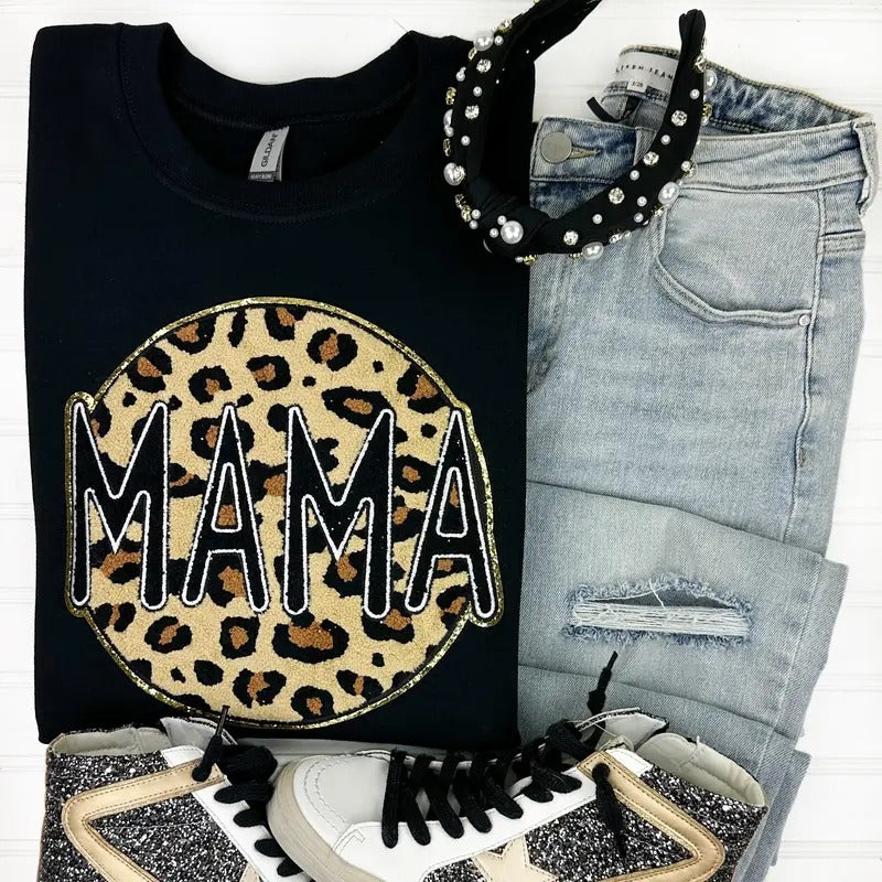Leopard Mama Circle Chenille Patch Sweatshirt T-Shirts, Hoodie | RetroVerseTees.com