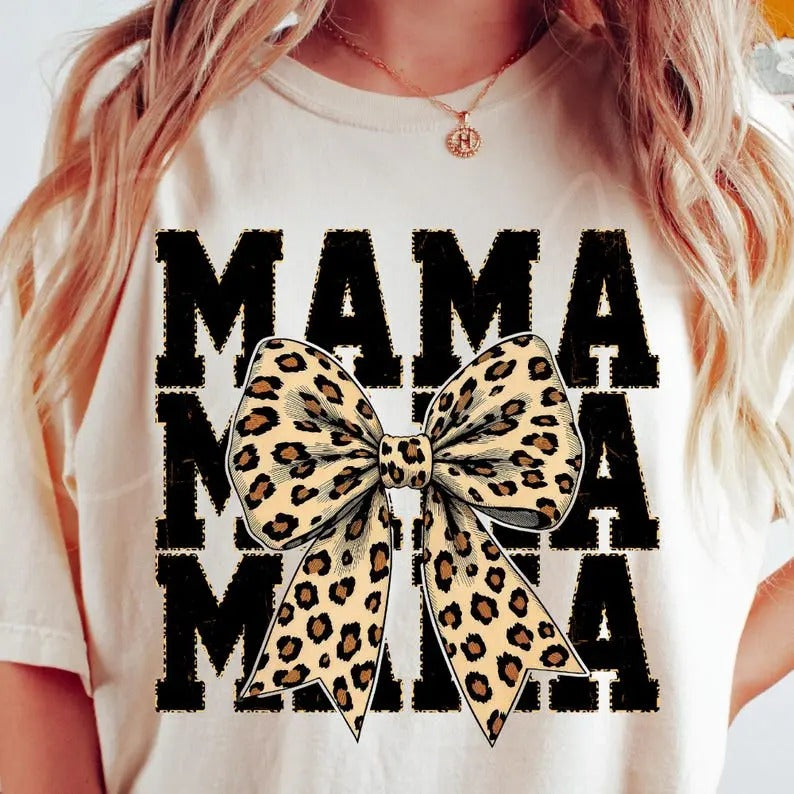 Leopard Print Mama Coquette, Cheetah Bow Mom Life, Trendy Mama T-Shirt Hoodie, Sweatshirt | RetroVerseTees.com