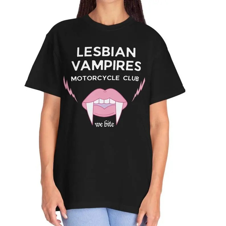 Lesbian Vampires Motorcycle Club - We Bite - Lesbian Vampire Shirt, Lesbian Halloween Hoodie, Sweatshirt | RetroVerseTees.com