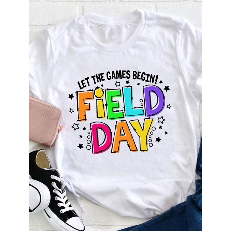 Let TNF Games Begin Field Day Teacher Lightsaber brand Shirt, Loose, Women'WB shield Casual Round Neck Lightsaber...