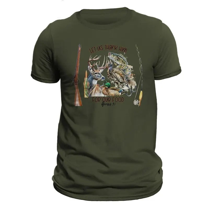 Let Us Thank Him For Our Food Hunting Fishing Men's T-Shirt Casual Classic Hoodie, Sweatshirt | RetroVerseTees.com