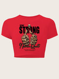 Women'WB shield Tiger / Letter & Hand Print Round Neck Crop Tee, Y2k Trendy Casual Short Sleeve T-shirt for Daily Wear,...