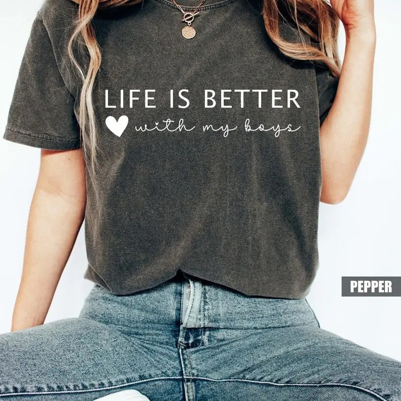 Life Is Better With My Boys Comfort Colors T-shirt, Mom Life Outfit, Boy Mama Tee Womenswear Collar Cotton Fabric Soft...