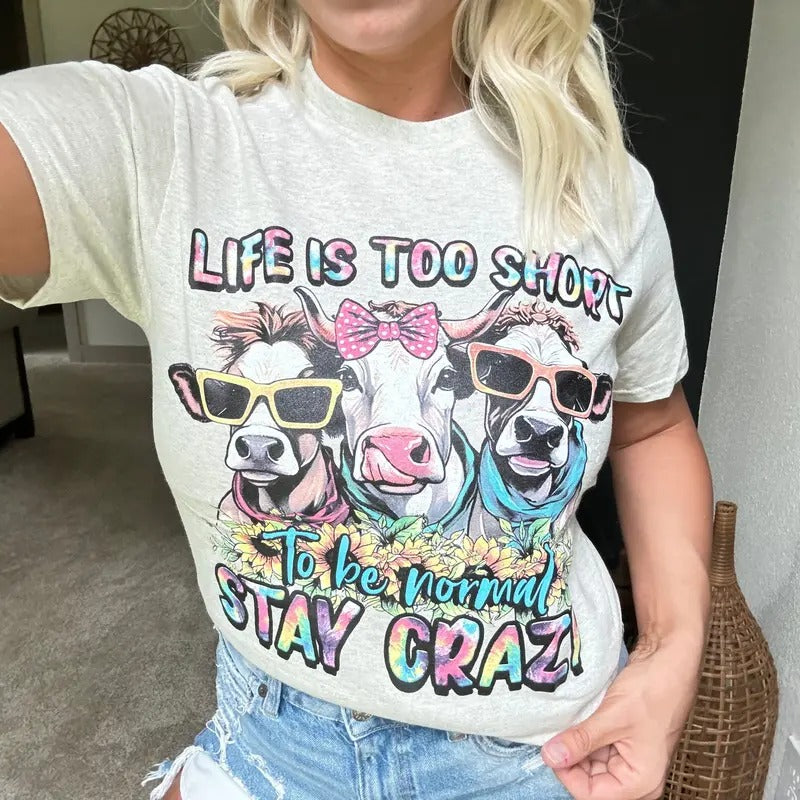 Life Is Too Short TieDye Cows Graphic Tee Hoodie, Sweatshirt | RetroVerseTees.com