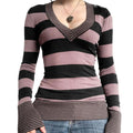 Women Trendy Knitted Tops, Knit Striped V-Neck Long Sleeve Ribbed Cuffs Knitwear for Females, Brown/Light Coffee Casual...