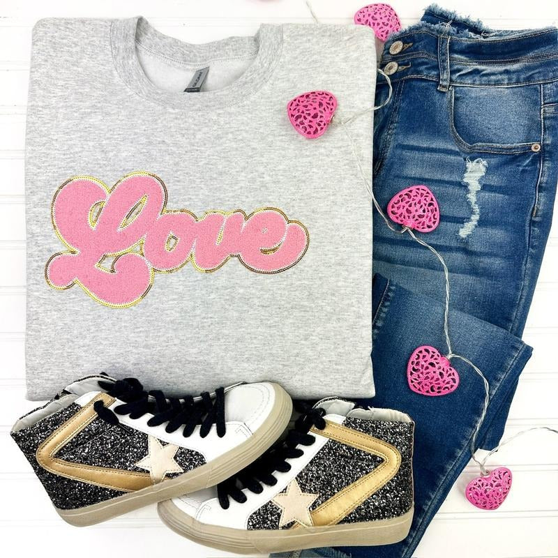 Light Pink Chenille LOVE Patch Sweatshirt T-Shirts, Hoodie | RetroVerseTees.com