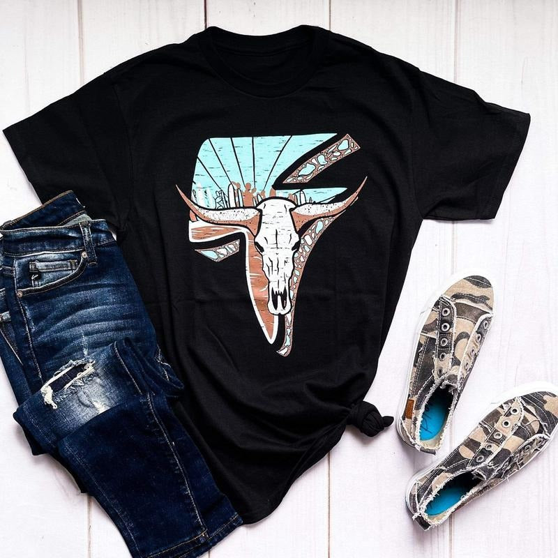 Lightning Cow Skull Graphic Tee Hoodie, Sweatshirt | RetroVerseTees.com