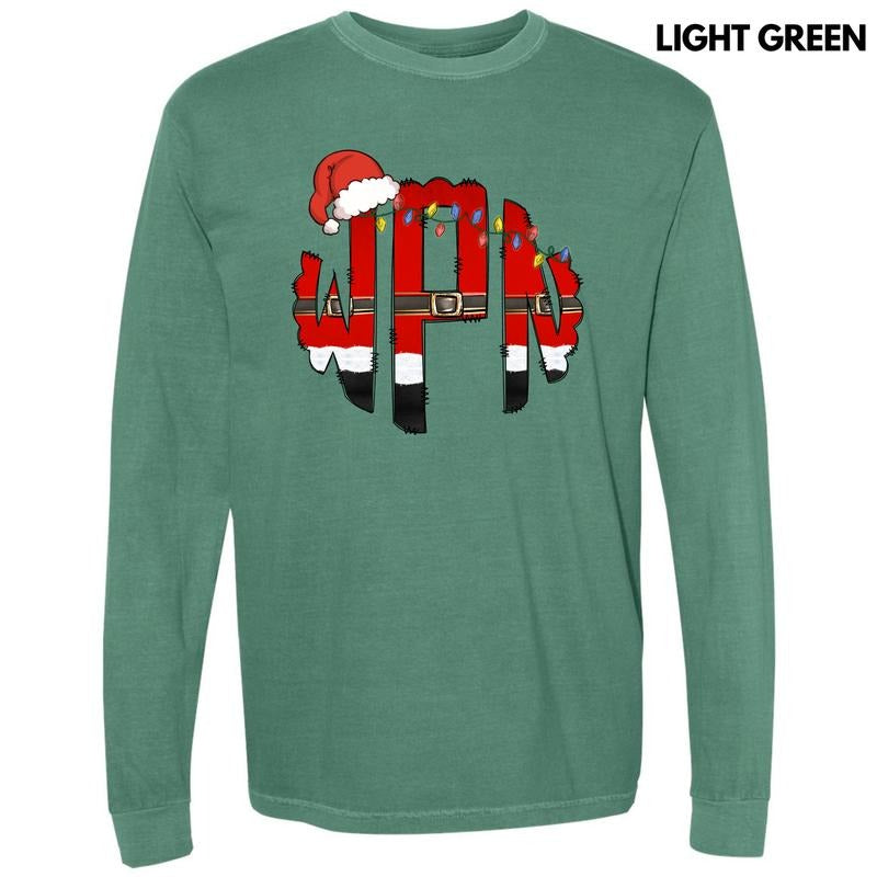 Lights & Hat Santa Outfit Monogram Long Sleeve Comfort Colors T-Shirt 'NLB' Hoodie, Sweatshirt | RetroVerseTees.com