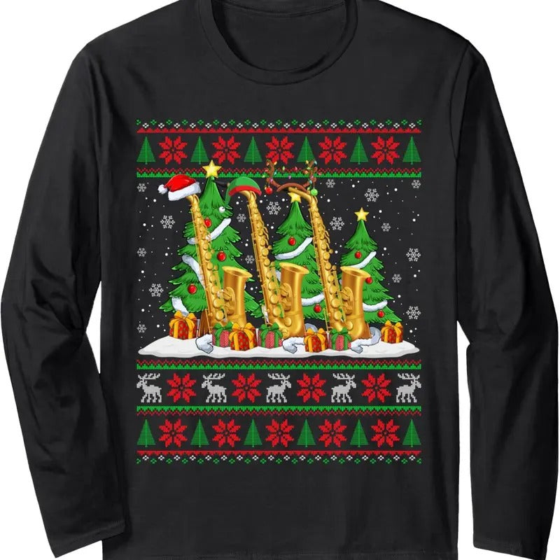 Lights Xmas Sweater Style Ugly Santa Saxophone Christmas Long Sleeve T-Shirt Hoodie, Sweatshirt | RetroVerseTees.com