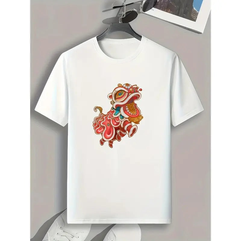 Lion Dance Print, Men's Graphic T-shirt, Casual Comfy Tees For Summer, Mens Clothing Made in USA Hoodie, Sweatshirt