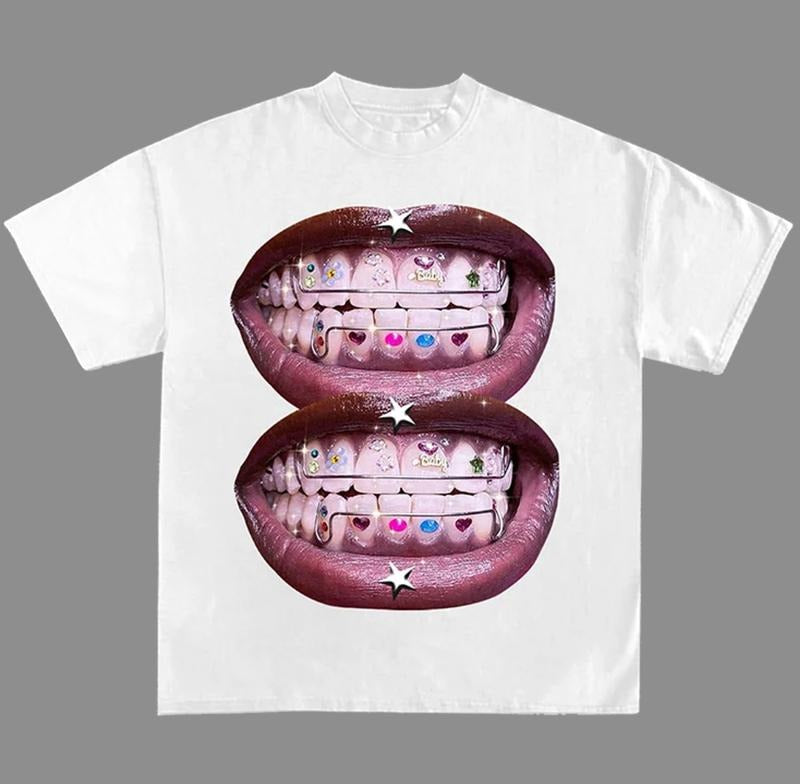 Lip Grill Graphic Print Street Cotton T-Shirt Y2K Style Hoodie, Sweatshirt | RetroVerseTees.com