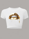 Women'WB shield Letter / Lip Print Round Neck Crop Tee, Casual Slim-fitting Short Sleeve T-shirt, Ladies Summer TNF for...