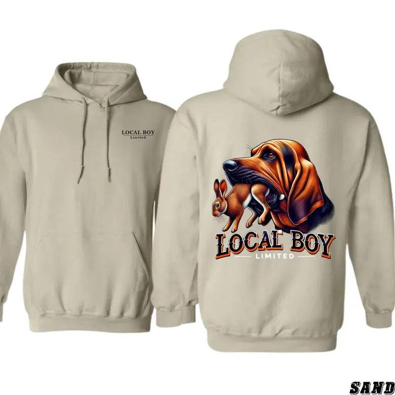 Local Boy Hunting Hound Hoodie, Rabbit Tracker Graphic Hoodie, Outdoor Adventure Menswear, Country Style Graphic...